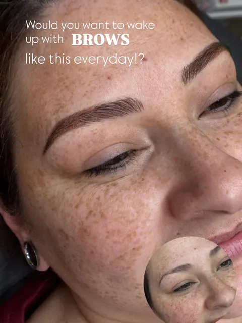 Close-up of natural microbladed brows with the before photo inset