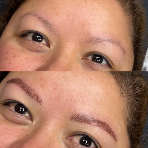 Nano Combo Brows before and after, fuller and more defined with hair strokes and soft shading